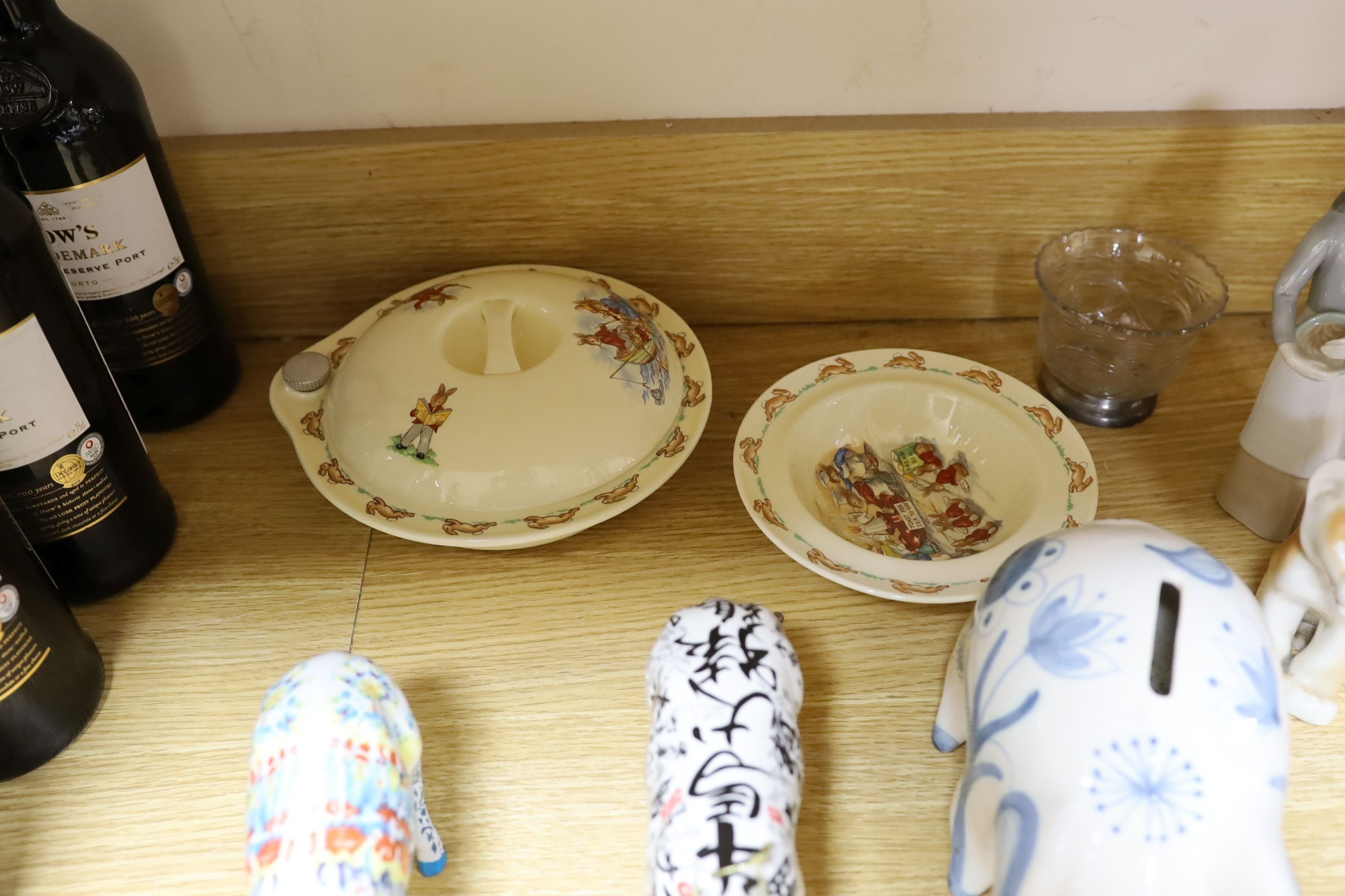 A Rye pottery pig money box and sundry china including Lladro and Bunnykins